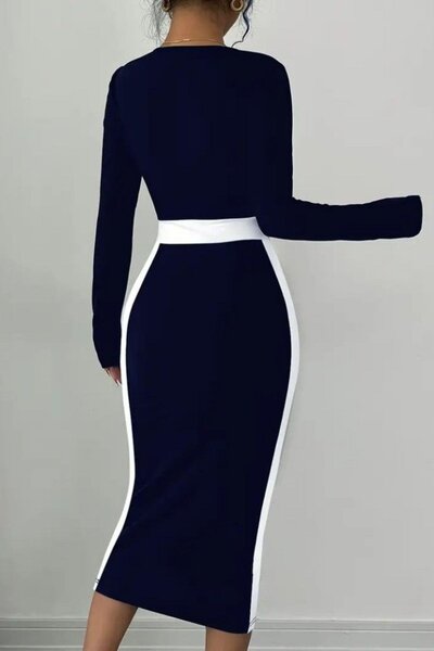 Mossta Geometric Collar Midi Imported Crepe Dress - Navy Blue
