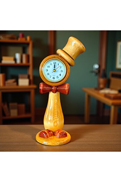 ashel art "Mr.Wood" El Yapımı Ahşap Şapkalı Dekoratif Masa Saati