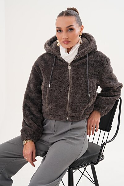 ŞİMAL Women's Hooded Zipper Closure Plush Coat 255121 -