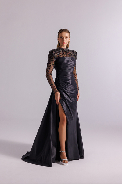 Kenzel Taş Detaylı Yırtmaçlı Abiye Elbise