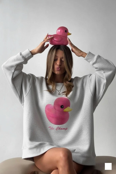 The Champ Clothing Women's Gray Melange Crew Neck Sweatshirt Dress – Pink Duck Printed 3 Yarn Ş Fleece-Lined Oversize