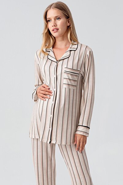 Artış Long Sleeve Striped Buttoned Stretchy Viscose Pajama Set