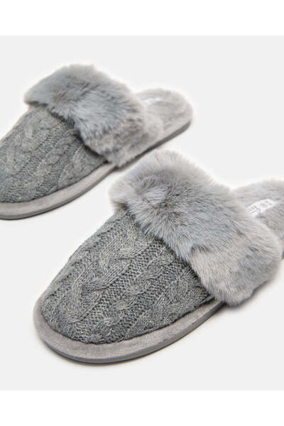 REDTAG Women Grey Chenille Fur Trim Closed Toe Slipper