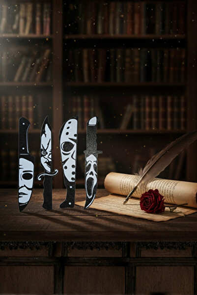 Cosmic Star Horror Movie Themed Knife Design 4-Piece Bookmark Set – Scream Serial Killer Masked Gothic Decorative