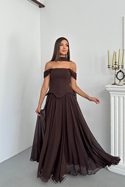 İyem Abiye Şallı Ve Takım Görünümlü Düşük Omuz Krep Şifonlu Abiye Elbise Dar ...