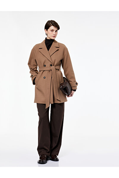 Koton Long Sleeve Pocketed Buttoned Belted Double-Breasted Cashmere Coat