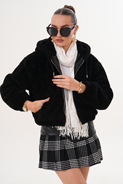 ŞİMAL Women's Hooded Zipper Closure Plush Coat 255121 -