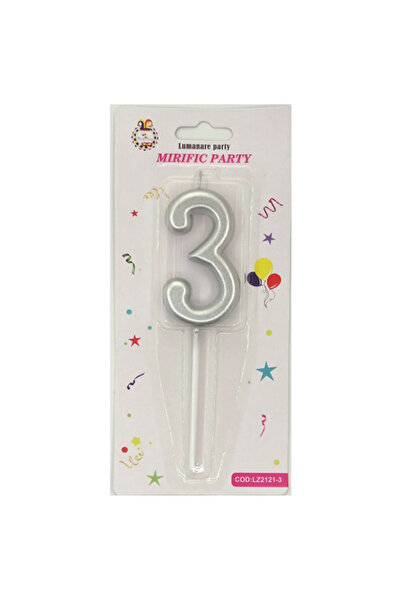 Mirific Party Silver cake candle, 7 cm, number 3