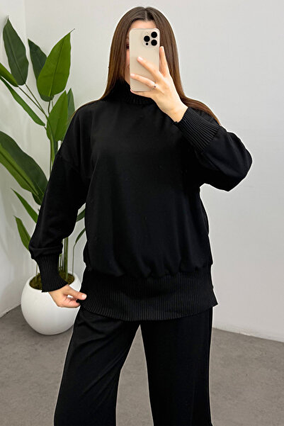 Ladima Women's Black Turtleneck Side Zipper Detailed Modal Suit