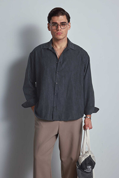 ablukaonline Men's Oversized Striped Long Sleeve Shirt Anthracite