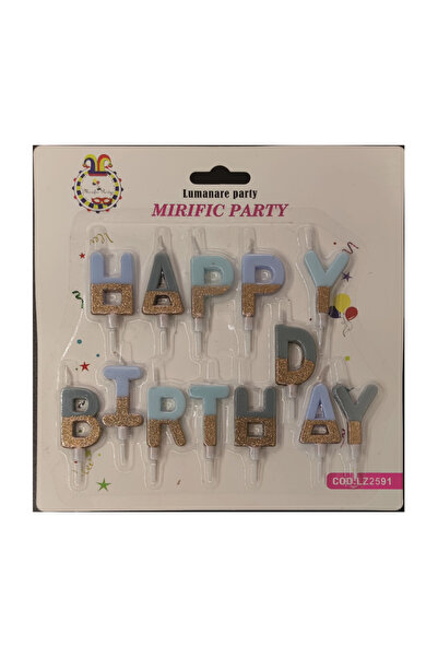 Mirific Party Blue and gold cake candle with glitter, 3.5 cm, "Happy Birthday"