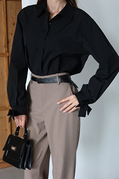 VAGGON Women's Black Ribbon Detailed Oversized Shirt Vs01481