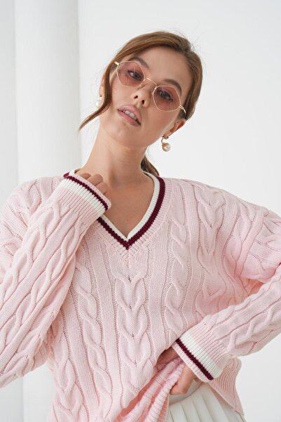 Noi Belis Hair Braid Detailed V-Neck Knitwear Sweater Aw25Kz0075