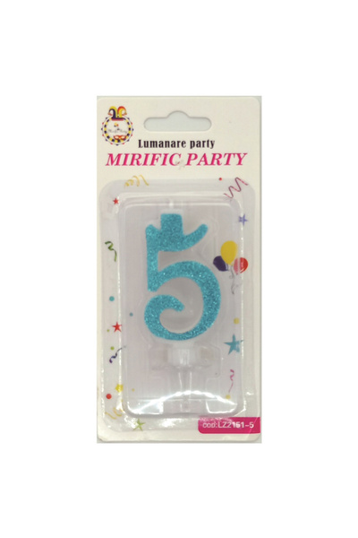 Mirific Party Blue glitter cake candle, 6 cm, number 5