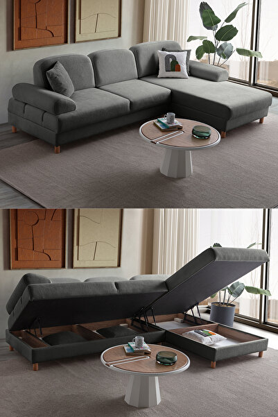 Eymense Aries Yataklı Sandıklı Köşe Takımı Antrasit Sağ Köşe