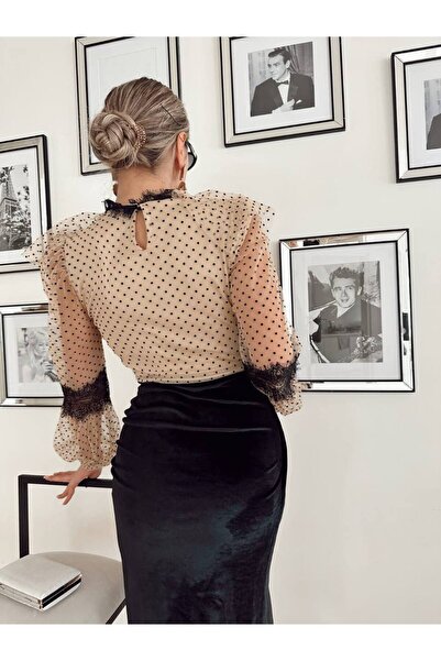 Siseniorita Polka Dot Velvet and Mesh Midi Dress - Side Slit and Voluminous Sleeves