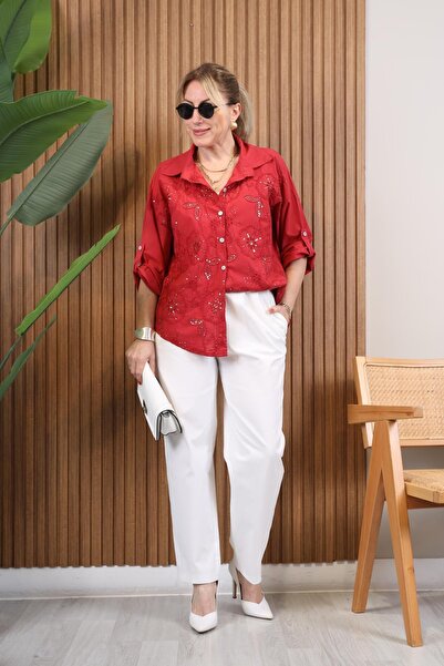 Butik Ayseba Park Moda Kadın Kırmızı Pul Detaylı İşlemeli Pamuk İtalyan Gömlek
