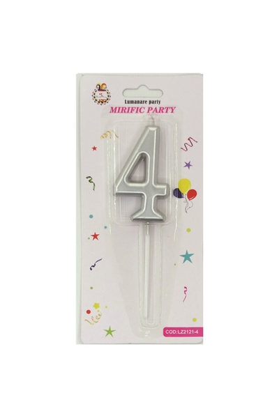 Mirific Party Silver cake candle, 7 cm, number 4
