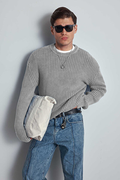 ablukaonline Men's Oversized Washed Effect Basic Sweater Gray