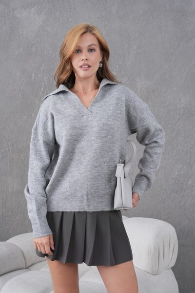 Noi Belis Basic Soft Textured Oversized Polo Neck Knitwear Sweater Aw25Kz0074