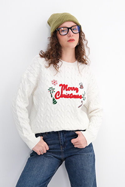 Addax Christmas Themed Braided Knit Sweater K3513