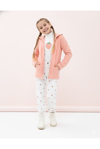 Kübra Tekstil Girls' Powder Fleece Hooded Cardigan Zippered Long Sleeve Soft Children's Jacket - Girls' Cardigan