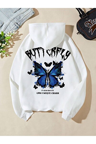 ship master Hanorac pentru femei Butterfly & Slogan cu imprimeu cu glugă cu c...