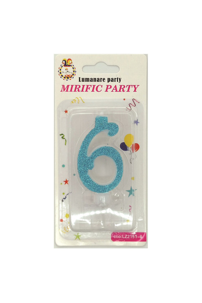 Mirific Party Lumânare tort albastră cu sclipici, 6 cm, numărul 6