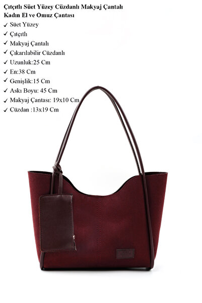 SHAKA Γυναικεία τσάντα χειρός και ώμου από μπορντό σουέντ Shk108 με πορτοφόλι από συνθετικό δέρμα και τσάντα μακιγιάζ