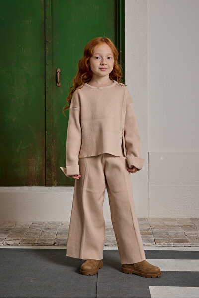 Fahhar Kids Silk Textured Knitwear Set Stone