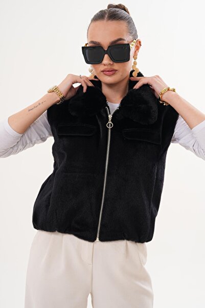 ŞİMAL Women's Furry Collar Zippered Plush Vest 255402 -