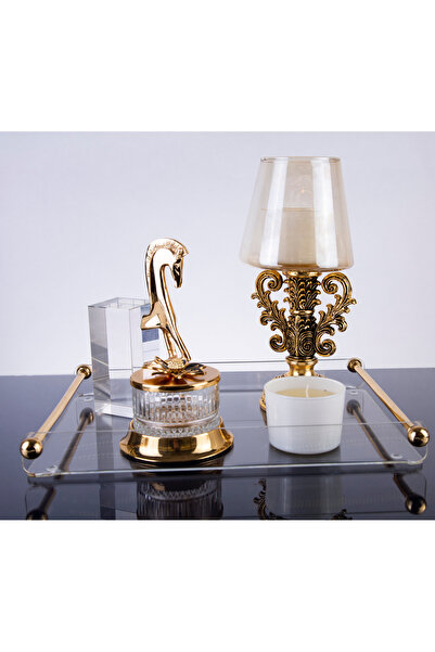 ARGKRİSTAL Transparent Plexiglass Decorative Presentation Tray with Gold Handle - 38X27X5 cm