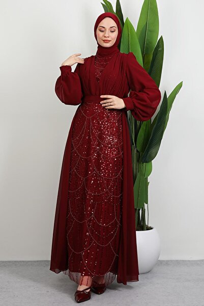 giz astore Yakamoz Taşlı Abiye Bordo