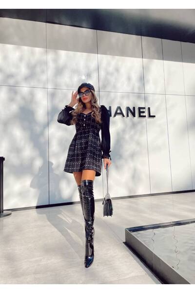 Siseniorita Tweed Mini Dress with Voluminous Satin Sleeves - Square Neckline and Pearl Buttons