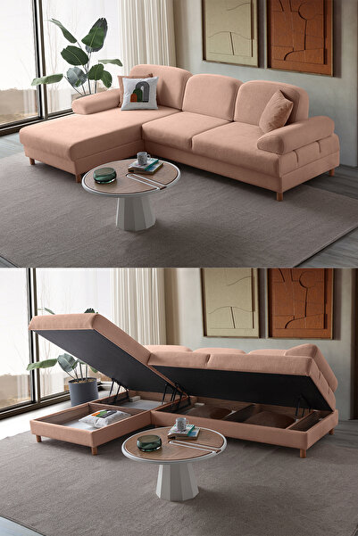 Eymense Aries Yataklı Sandıklı Köşe Takımı Pembe Sol Köşe