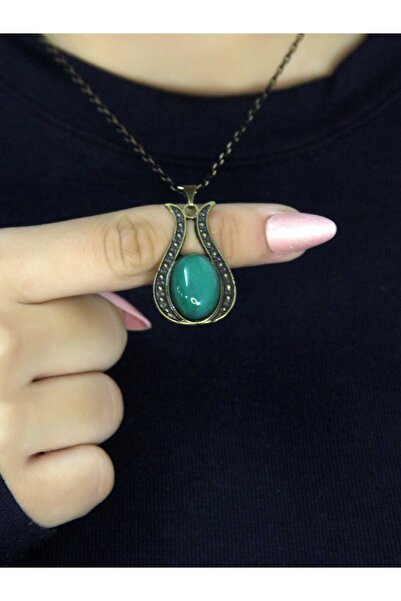esha Doğal Taş Yeşil Akik Doğal Taşlı Lale Modelli Antik Kadın Kolye euk44ya
