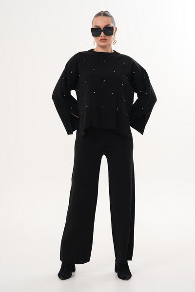 ŞİMAL Women's Stoned Wide Leg Pants Knitwear Knitted Set 255052 -