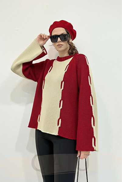 Qaju Women's Oversized Knitwear Sweater - Red Beige