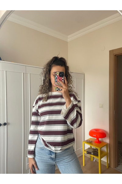 Veya Clothes Kadin Çizgili Oversize Uzun Kollu T-shirt