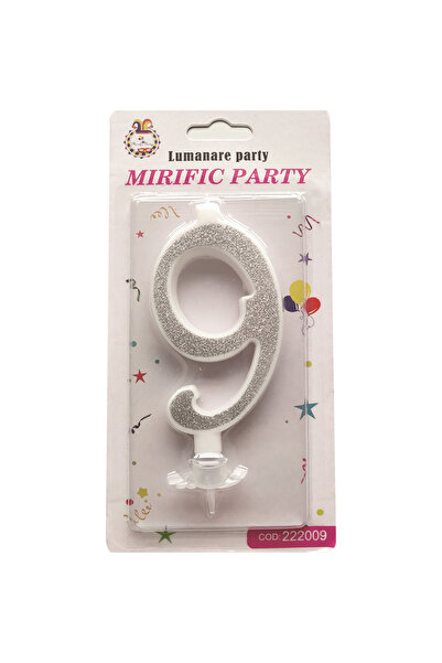 Mirific Party Lumânare tort cu sclipici argintiu, 10,5 cm, numărul 9