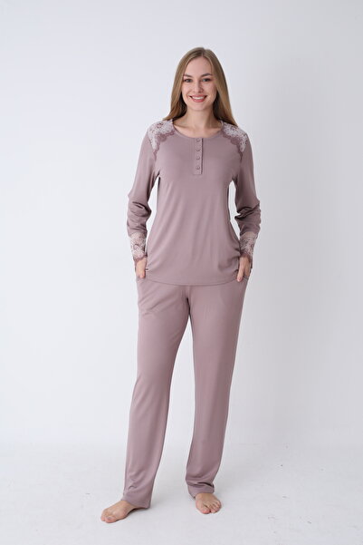 Cotpark Women's Cotton Stretch Fabric Long Sleeve Pajama Set - Brown 30107