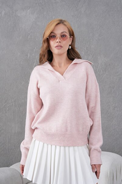 Noi Belis Basic Soft Textured Oversized Polo Neck Knitwear Sweater Aw25Kz0074