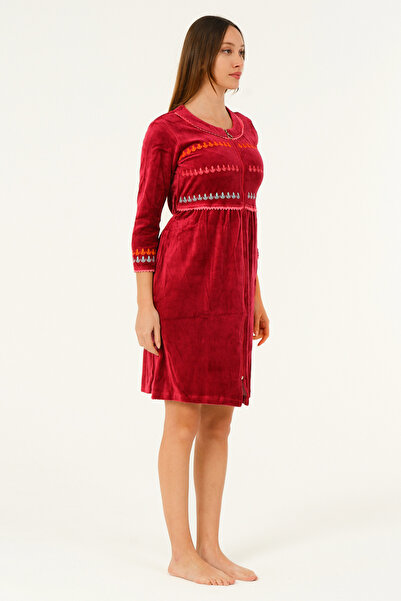 İntensive Cotton Velvet Dress with Zipper Pocket and Embroidery Detail