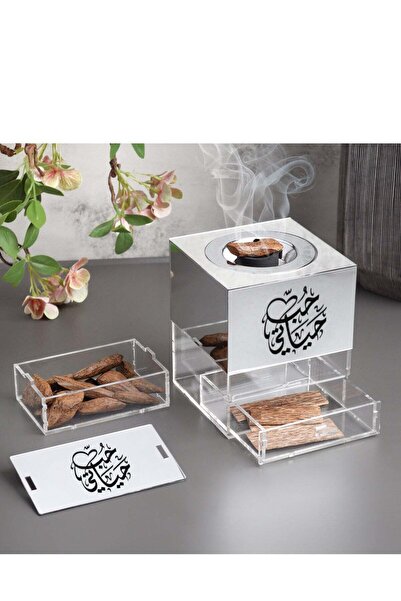 Story of candle مبخرة مع صندوق لحفظ البخور وللتخزين بعبارة "حب حياتي" وعود موروكي مصنوعه من الاكريلك اللامع والشفاف