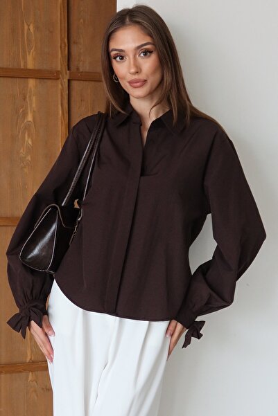 VAGGON Women's Bitter Brown Ribbon Detailed Oversized Shirt Vs01481