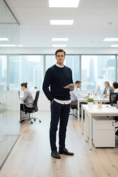 Pulltonic Erkek Bisiklet Yaka Desenli Kazak | %68 Kuzu Yünü