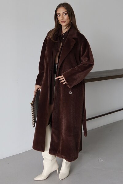 VAGGON Women's Bitter Brown Buttoned Belted Soft Coat Vs01476