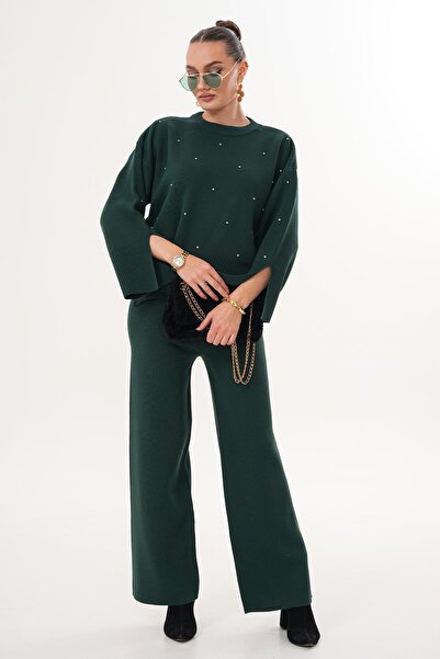 ŞİMAL Women's Stoned Wide Leg Pants Knitwear Knitted Set 255052 -