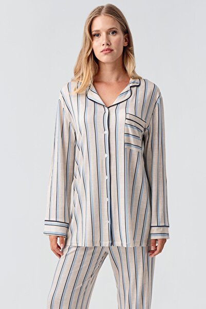 Artış Long Sleeve Striped Buttoned Stretchy Viscose Pajama Set