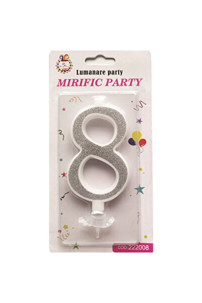Mirific Party Silver glitter cake candle, 10.5 cm, number 8